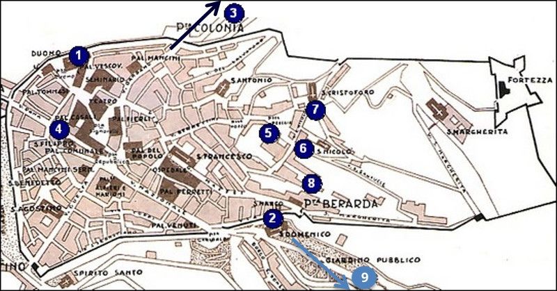 Mappa nella quale sono riportati i luoghi esatti in cui si trovano le chiese cortonesi che ospitano gli organi restaurati dall’Associazione, organi ora funzionanti