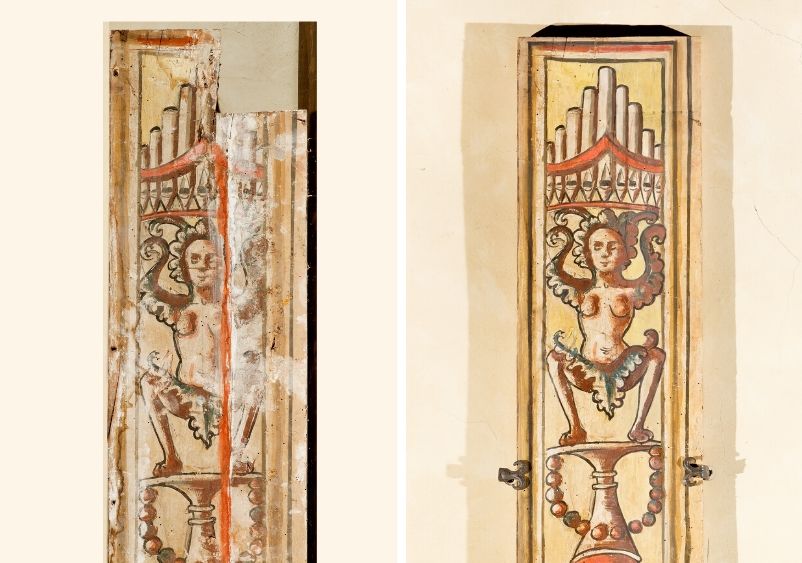 Foto della lesena dell’Organo di San Domenico, particolare prima e dopo i lavori di restauro