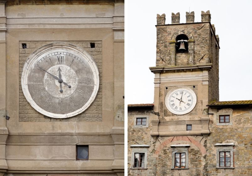 A sinistra, foto dell’Orologio del Comune di Cortona prima dei lavori di restauro; a destra, foto dell’Orologio Comunale dopo il restauro
